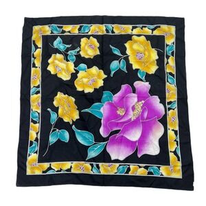 Vintage Square Scarf Silky Polyester Made Italy Floral Purple Yellow 30”X30”